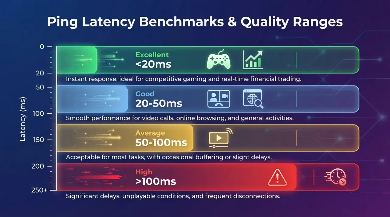 Diagramm zeigt Ping-Latenz-Bereiche: exzellent (<20ms) für Gaming, gut (20-50ms) für Videoanrufe, durchschnittlich (50-100ms) und hoch (>100ms) mit schlechter WLAN-Latenz.