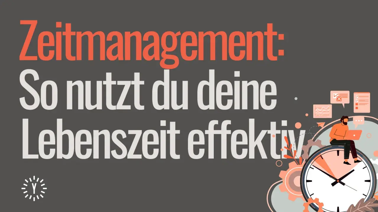 Zeitmanagement: So nutzt du deine Lebenszeit effektiv. Denn Arbeitszeit ist Lebenszeit. Mann sitzt auf Uhr, arbeitet am Laptop.