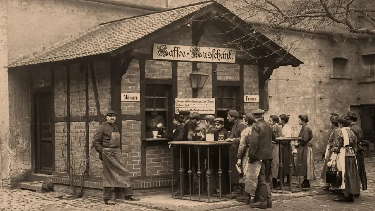 Arbeiter Schlange vor einem Kaffeehaus, ein Zeugnis der sozialen Frage der Industrialisierung. Männer und Frauen getrennt, um Kaffee zu kaufen.