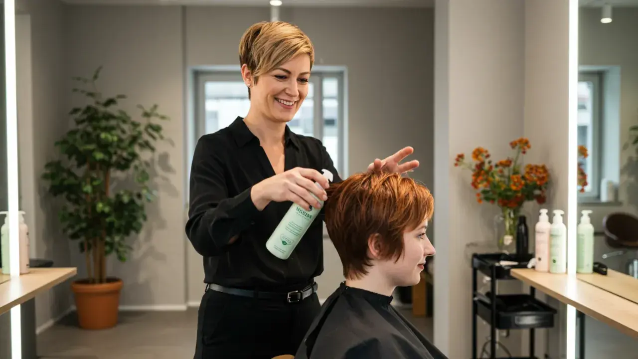 Friseurin sprüht veganes Produkt ins Haar einer Kundin. Ein moderner vegan friseur Salon.
