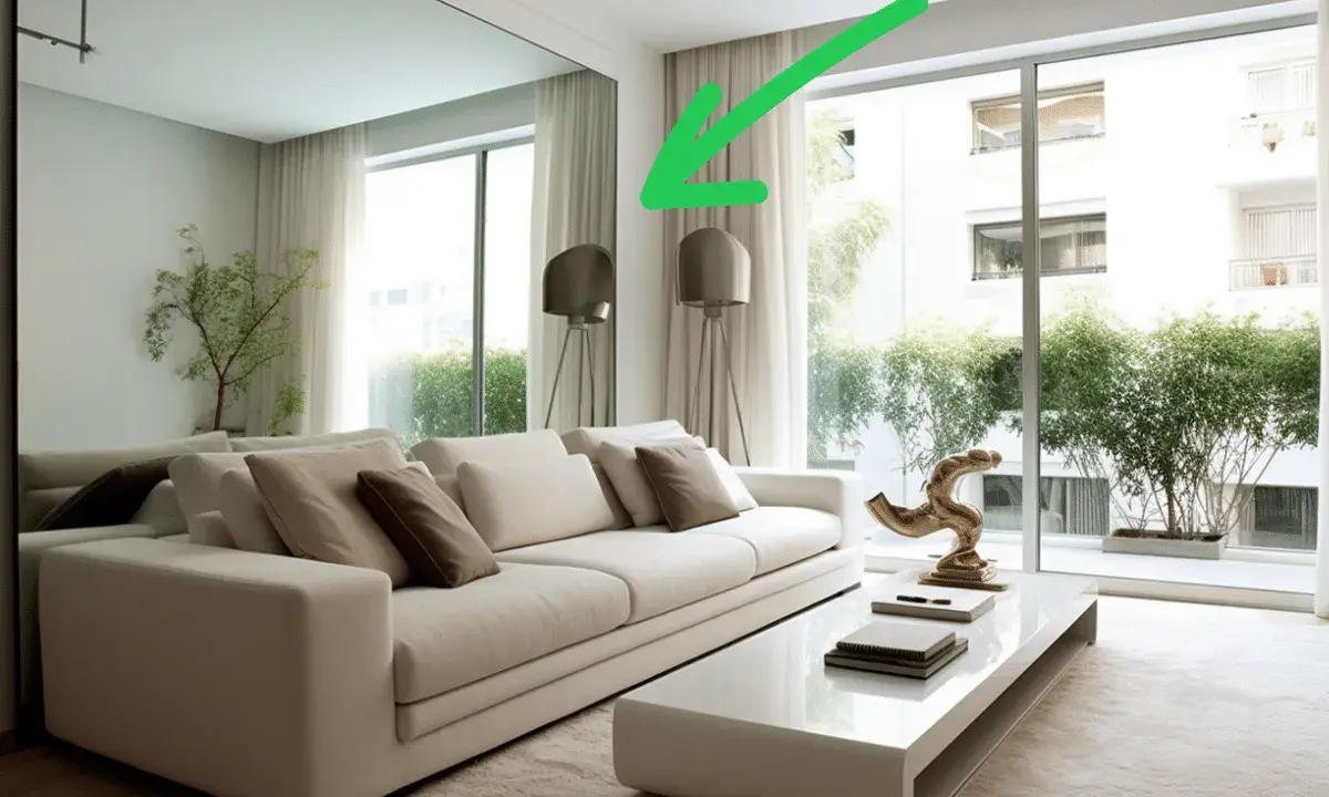 Un grand miroir reflète un salon moderne avec un canapé blanc et une table basse. Idéal pour savoir ou placer miroir salon.