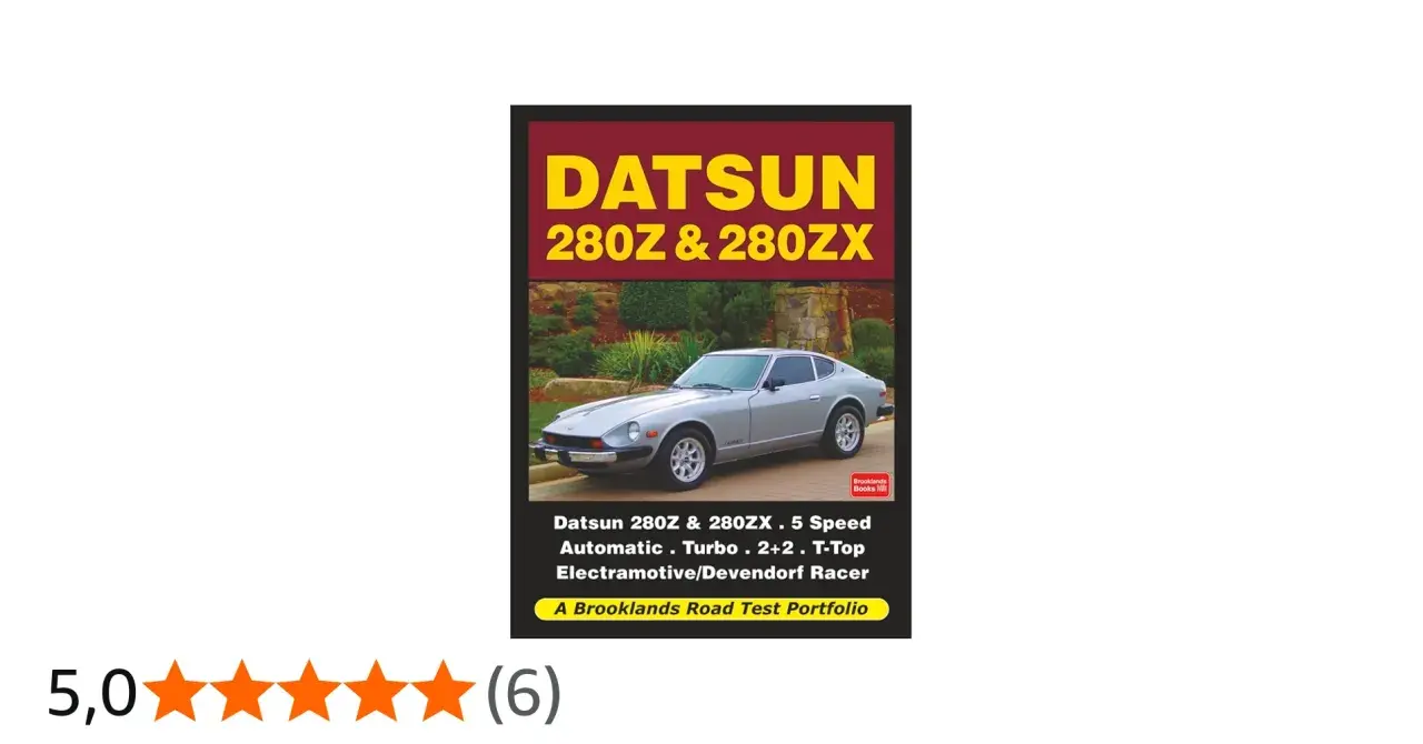 Okładka książki z Datsun 280Z i 280ZX, prezentująca srebrny samochód sportowy na tle krajobrazu.