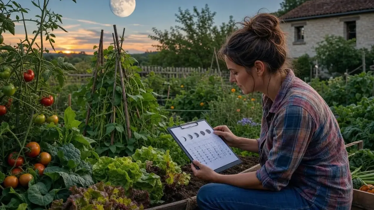 Une jardinière consulte un calendrier lunaire, planifiant ses semis. La pleine lune brille au-dessus d'un potager luxuriant, tomates et salades promettent une belle récolte.