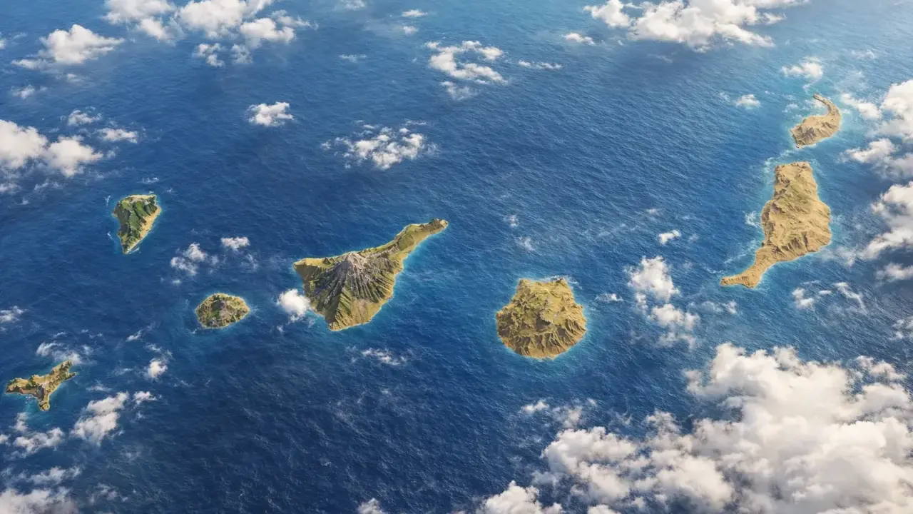 Widok z lotu ptaka na archipelag Wysp Kanaryjskich. Które wybrać: Teneryfa czy Gran Canaria?