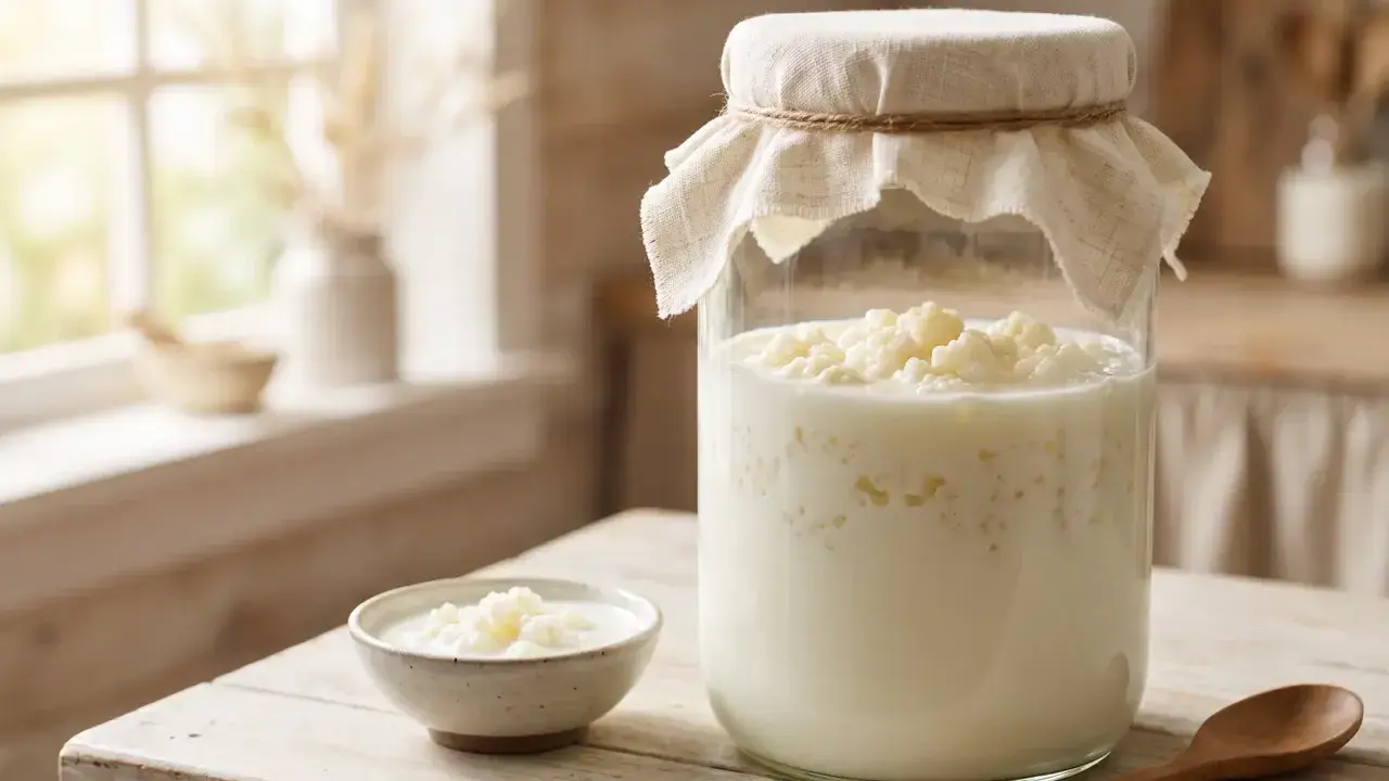Ein Glas mit Kefir und eine kleine Schale mit Kefir-Körnern, die an Quark erinnern, stehen auf einem Holztisch.