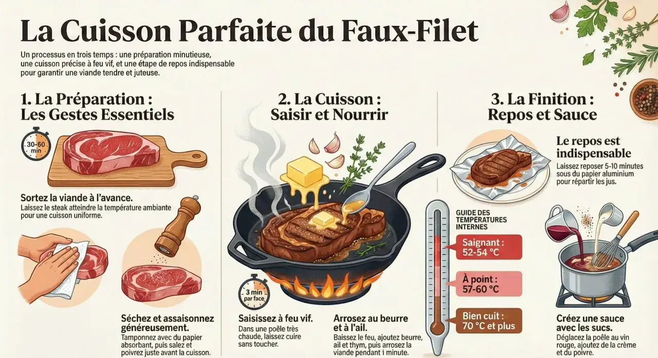 Illustration montrant les étapes pour une cuisson parfaite du faux-filet : préparation, saisie à feu vif, arrosage au beurre et à l'ail, puis repos et sauce.