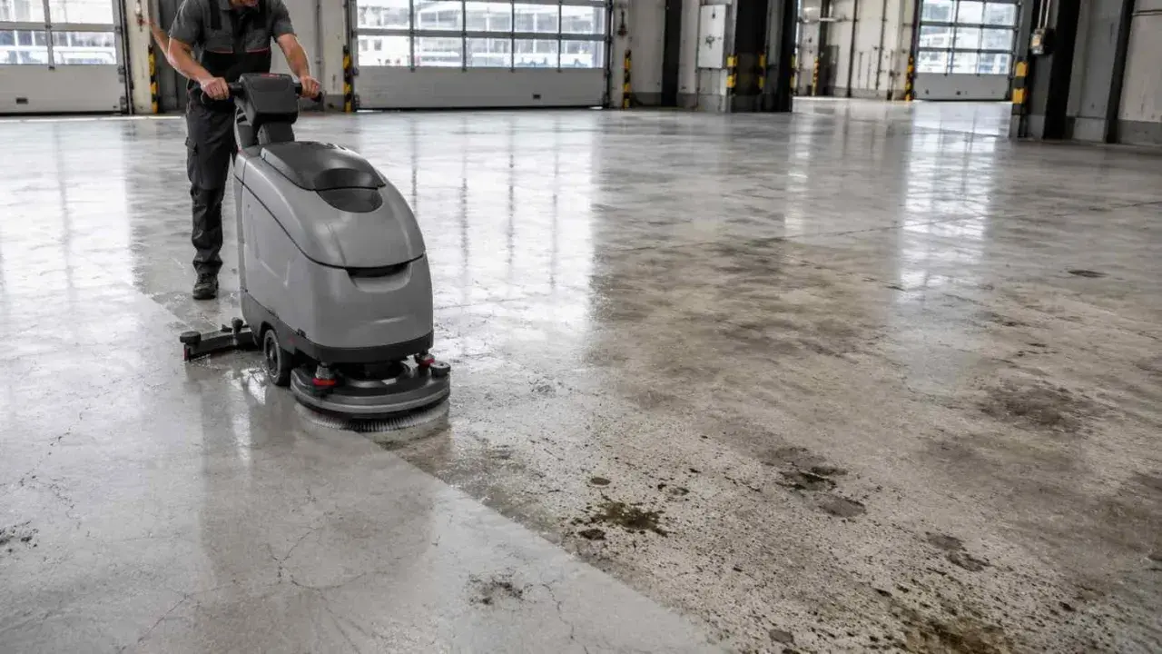 Profesjonalne czyszczenie posadzki betonowej za pomocą maszyny szorującej. Widać wyraźną różnicę między umytą a brudną powierzchnią.