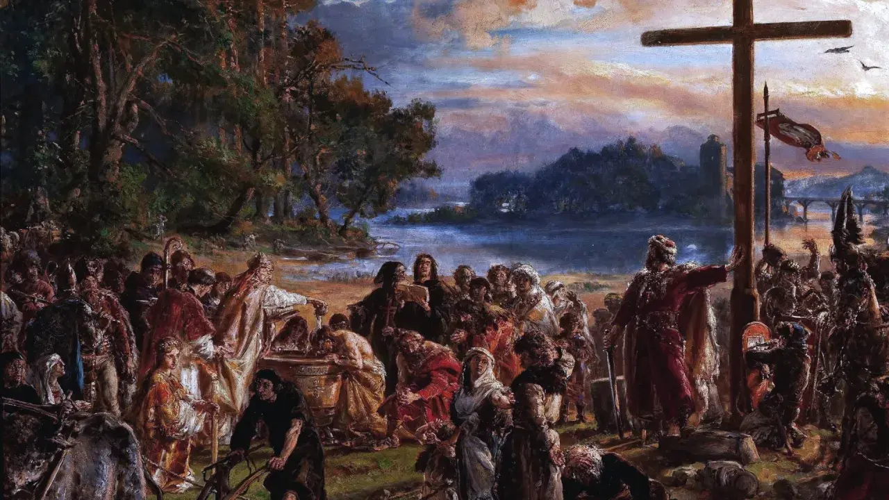 Scena chrztu Polski. Ludzie gromadzą się nad wodą, gdzie duchowny chrzci wiernych. W tle krzyż i zamek.