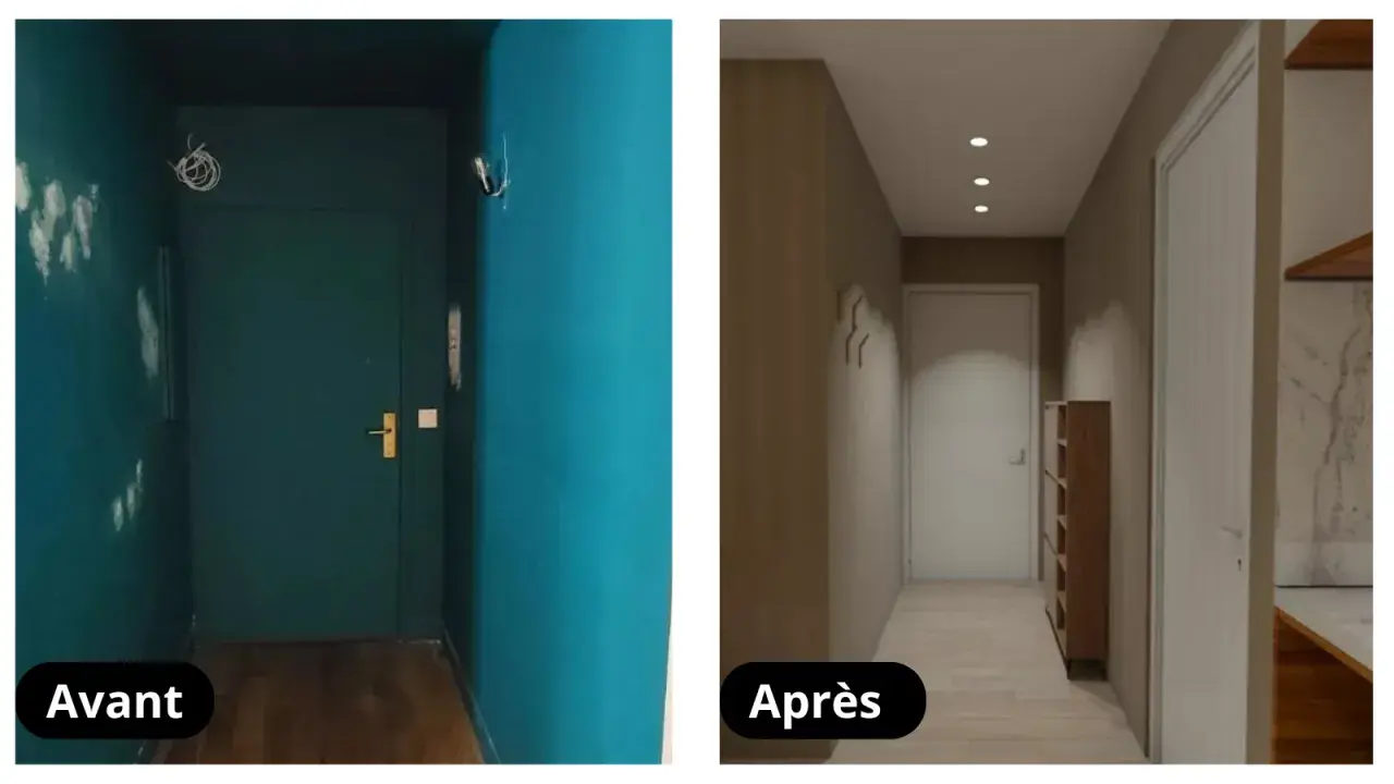 Avant/Après : un couloir étroit et sombre transformé en espace lumineux et moderne avec des étagères et un nouveau revêtement mural.