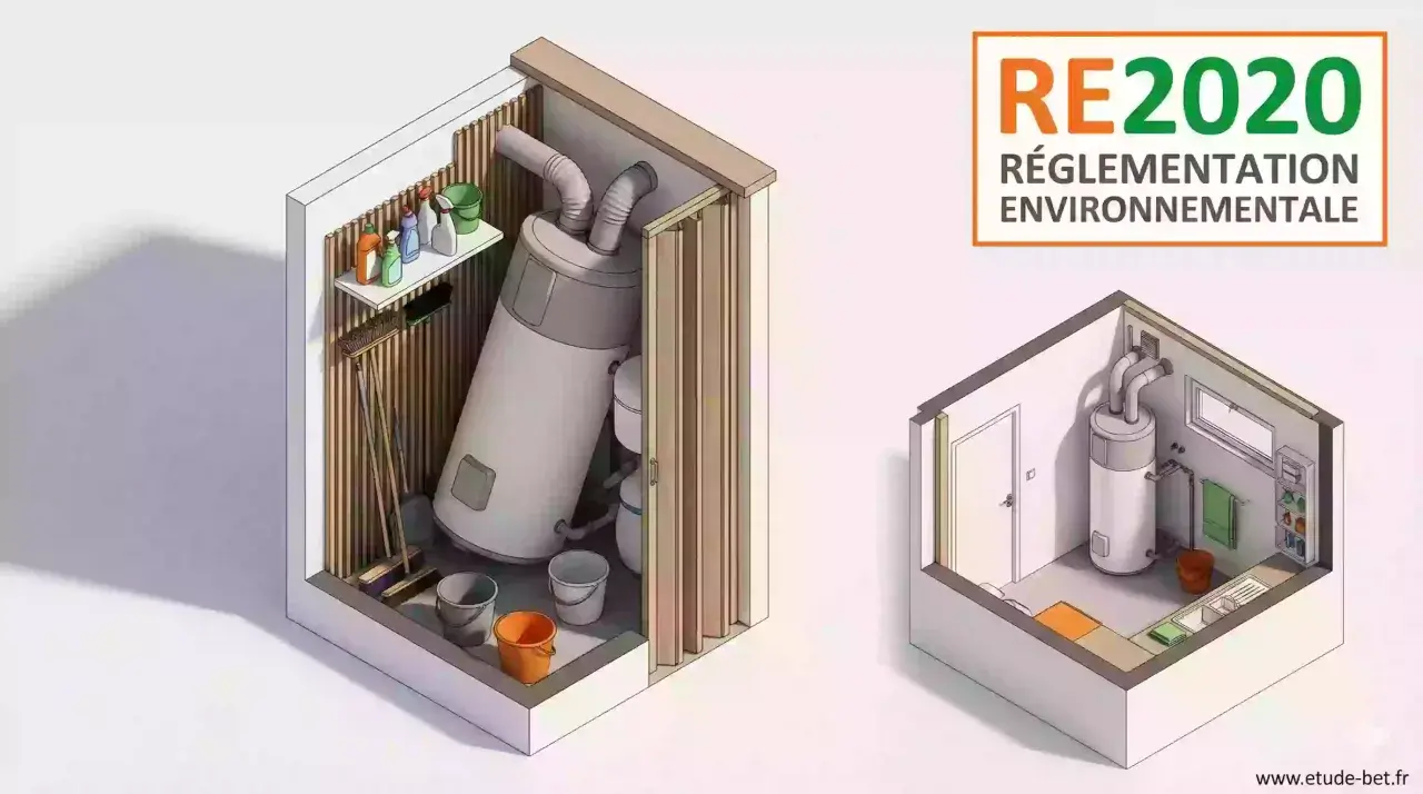 Comparaison de deux espaces techniques : l'un encombré, l'autre optimisé, en amont de la réglementation RE2020.