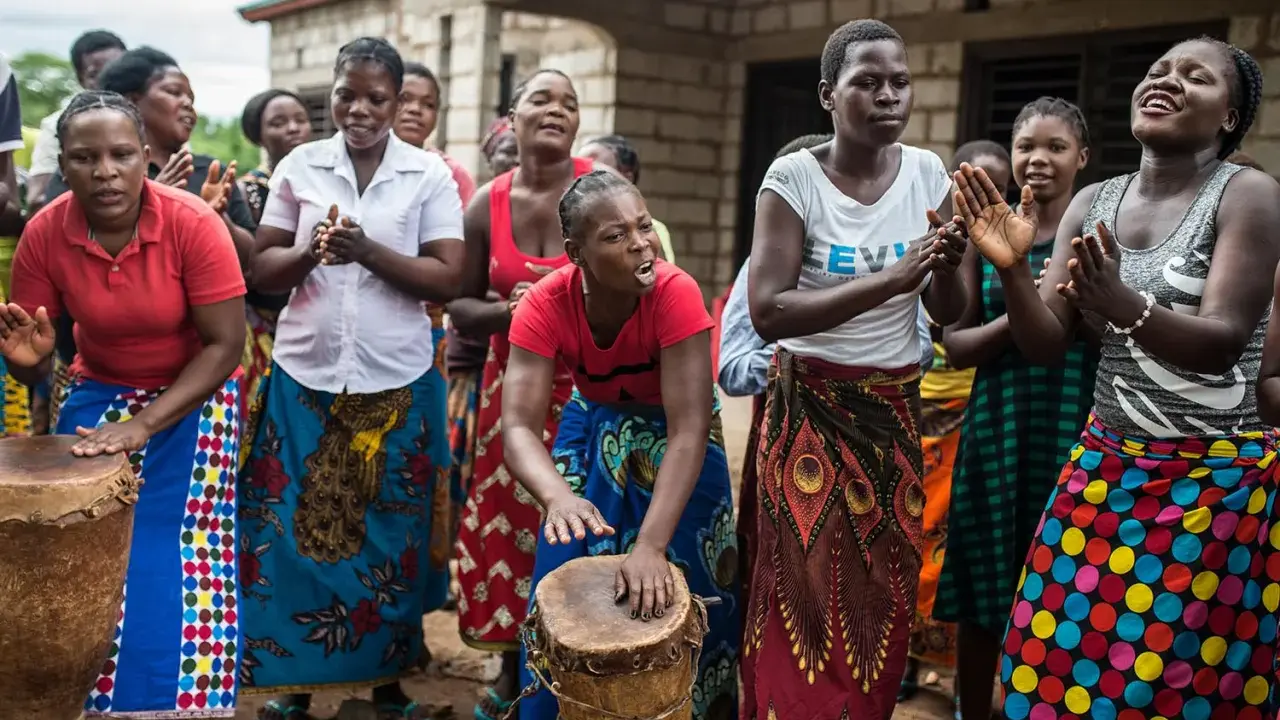 Des femmes africaines jouent du tambour et chantent, un parfait synonyme de sororité.