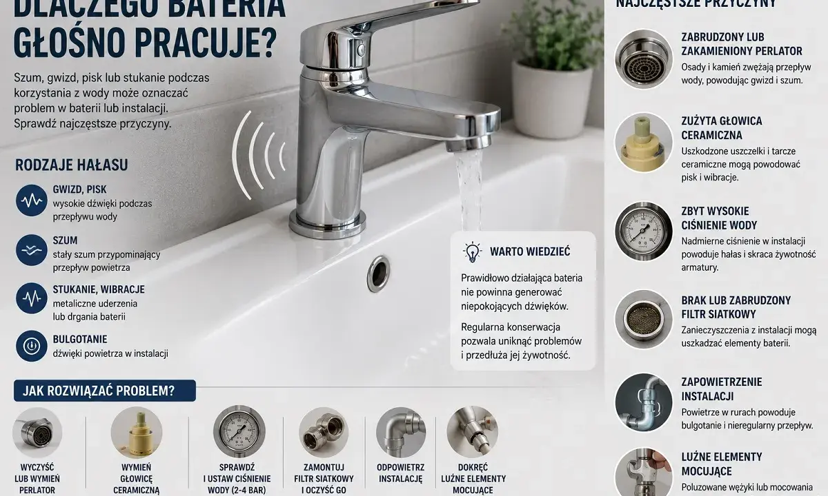 Wymiana głowicy w baterii dwuuchwytowej, czyszczenie perlatora, sprawdzenie ciśnienia wody i filtrów to klucz do cichej pracy baterii.