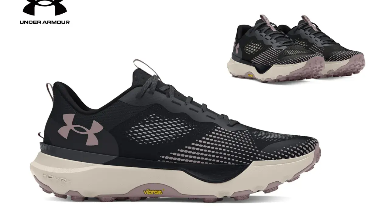 Czarne buty sportowe Under Armour z różowymi akcentami i podeszwą Vibram. Under Armour co to znaczy? To jakość i komfort dla aktywnych.