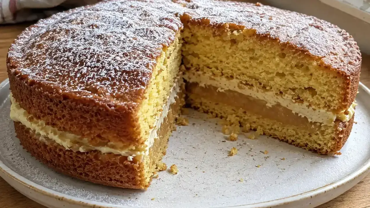 En saftig toscakaka i långpanna, pudrad med florsocker och fylld med krämig vanilj och äppelkompott. Perfekt för fikat!