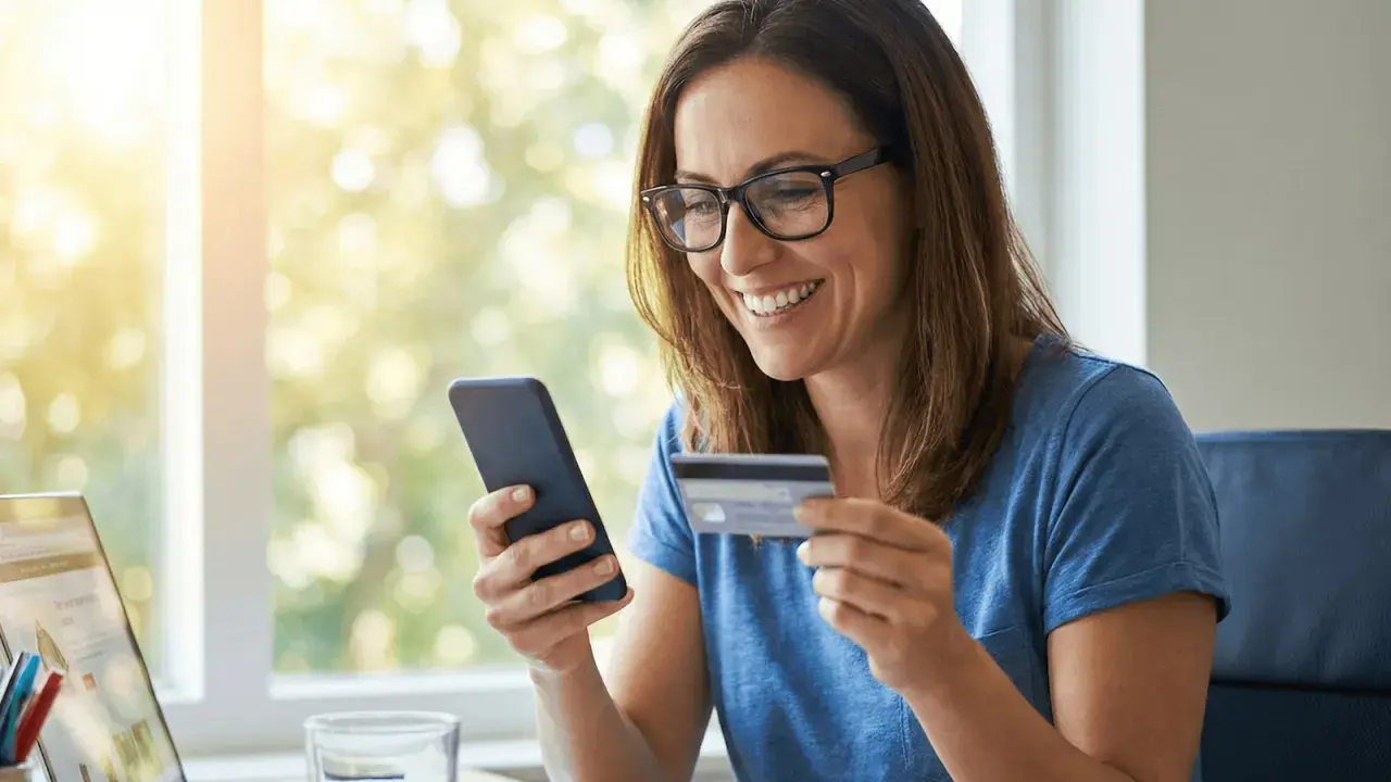 Mujer sonríe mientras usa su móvil y tarjeta para activar tarjeta BBVA.