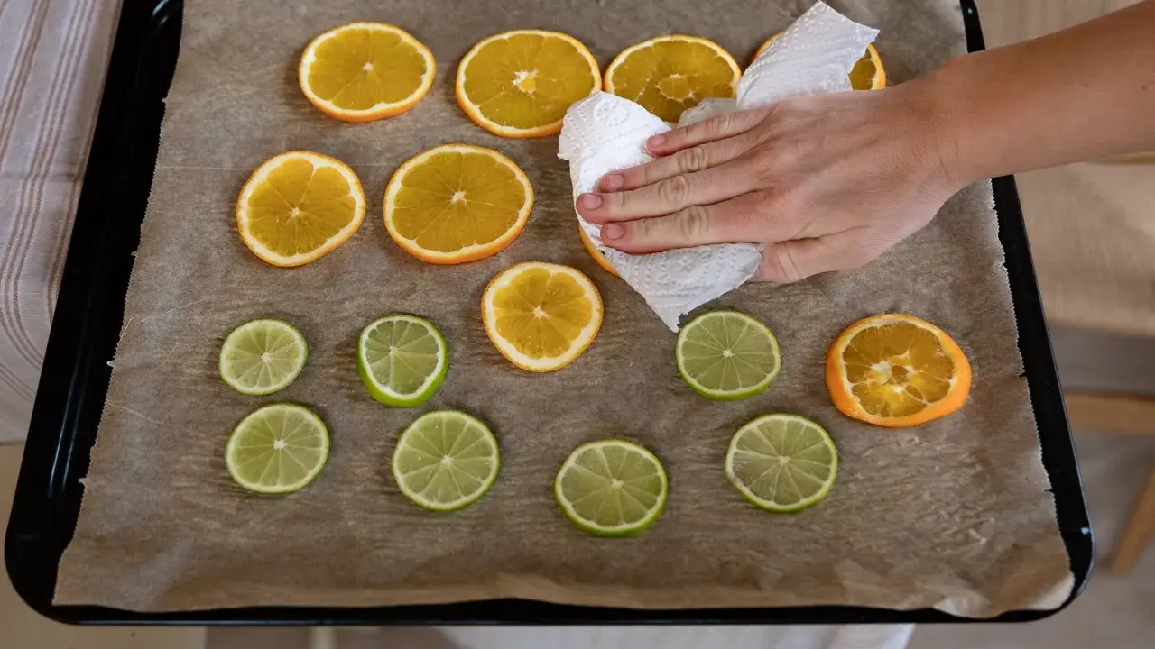 En hand torkar apelsinskivor på en plåt med bakplåtspapper. Citrusfrukter förbereds för att torka.