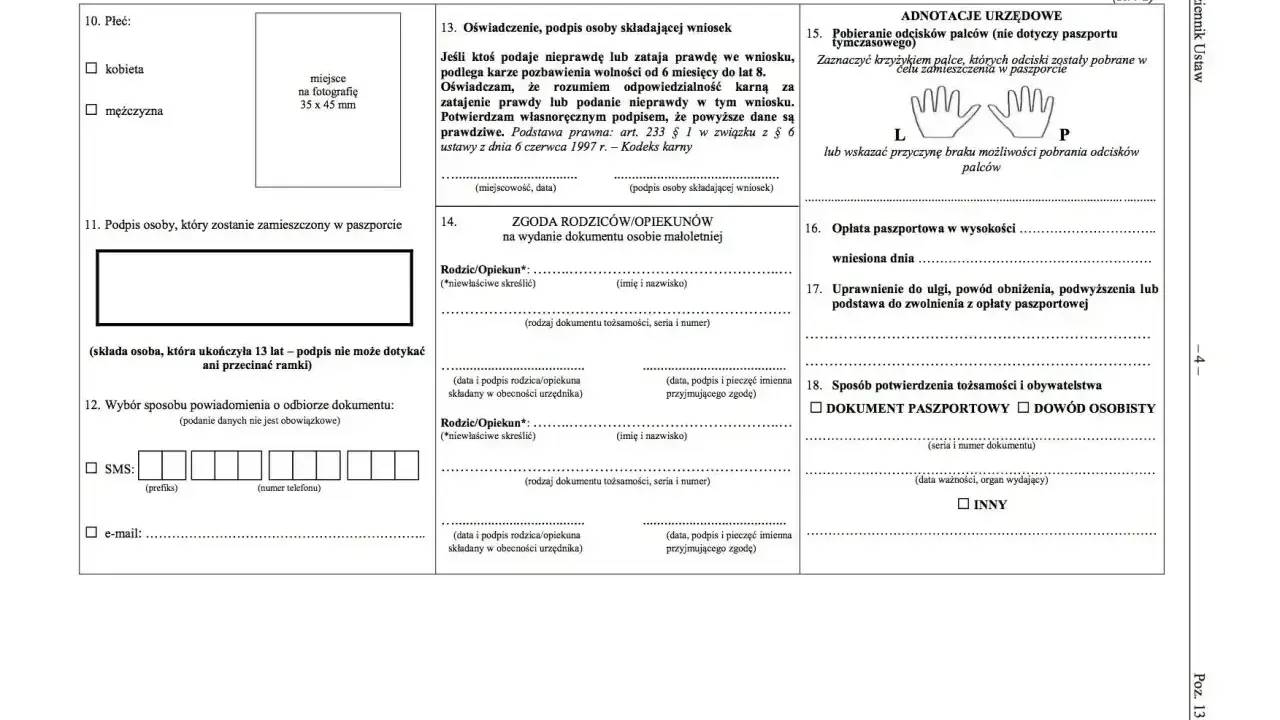 Formularz wniosku o paszport dla dziecka, z polami do wypełnienia danych osobowych, zgody rodziców i informacji o opłatach.
