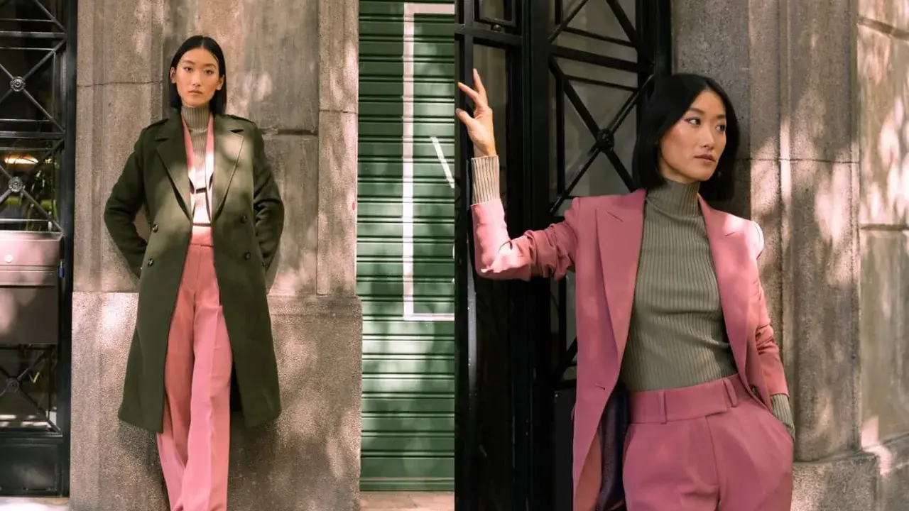 Eleganza in abbinamento bordeaux e verde: due donne sfoggiano completi sartoriali con cappotto e tailleur, creando un look sofisticato.