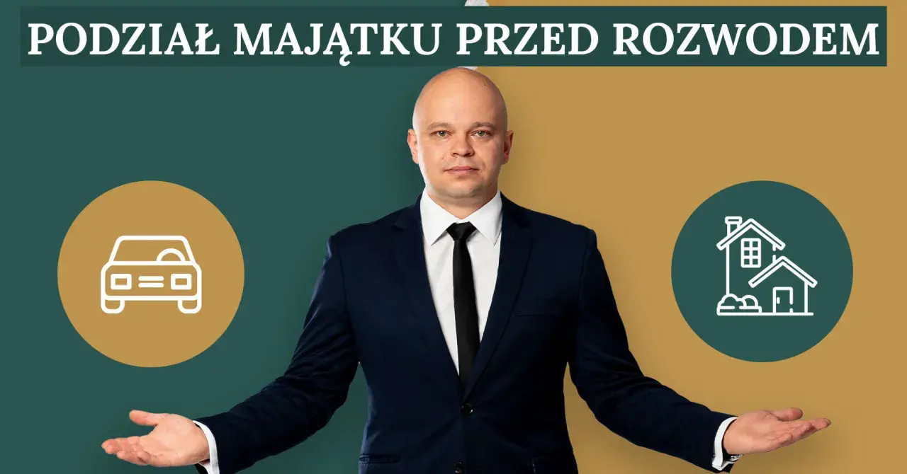 Mężczyzna w garniturze prezentuje podział majątku przed rozwodem: samochód i dom.