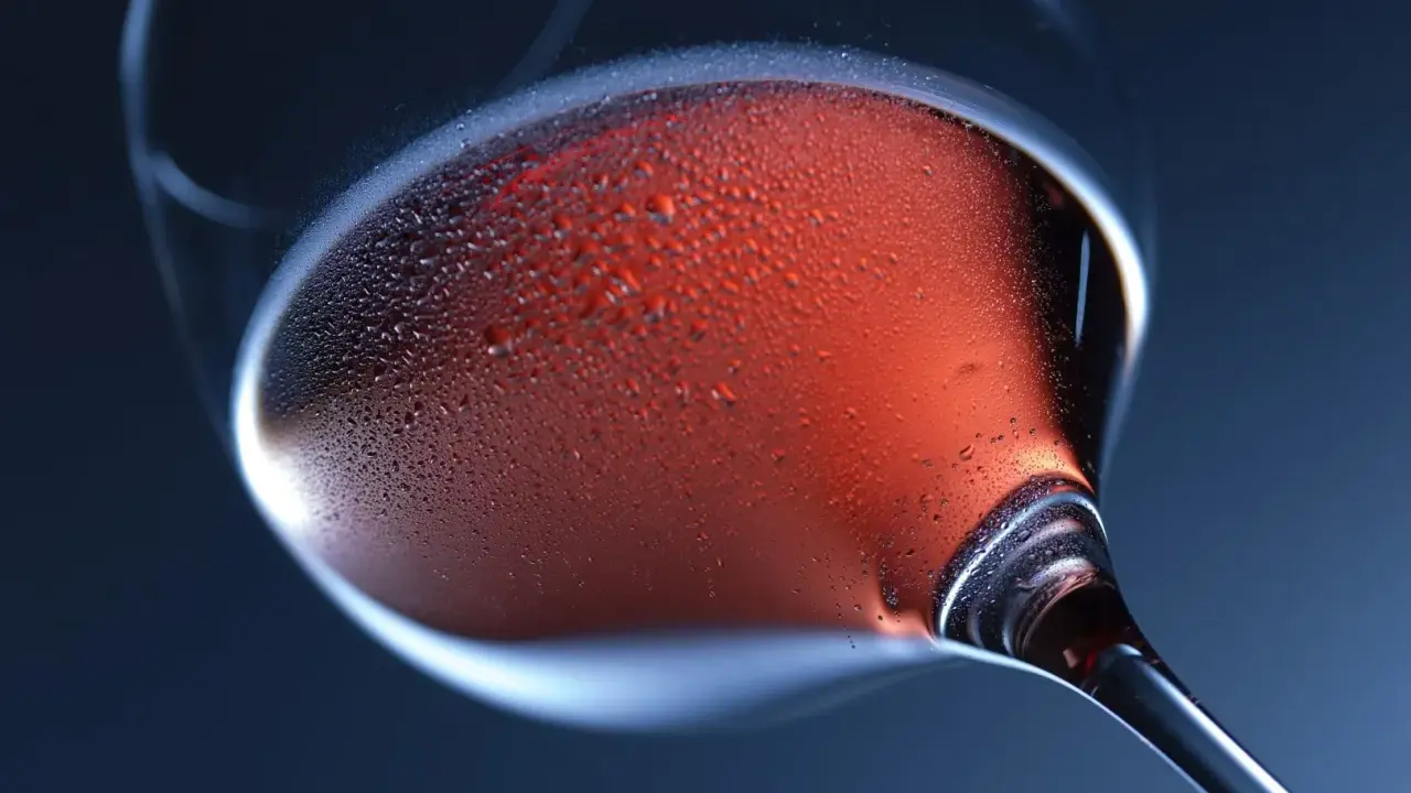Ein Glas Roséwein mit Kondenswasser. Die ideale trinktemperatur für Primitivo ist erreicht.