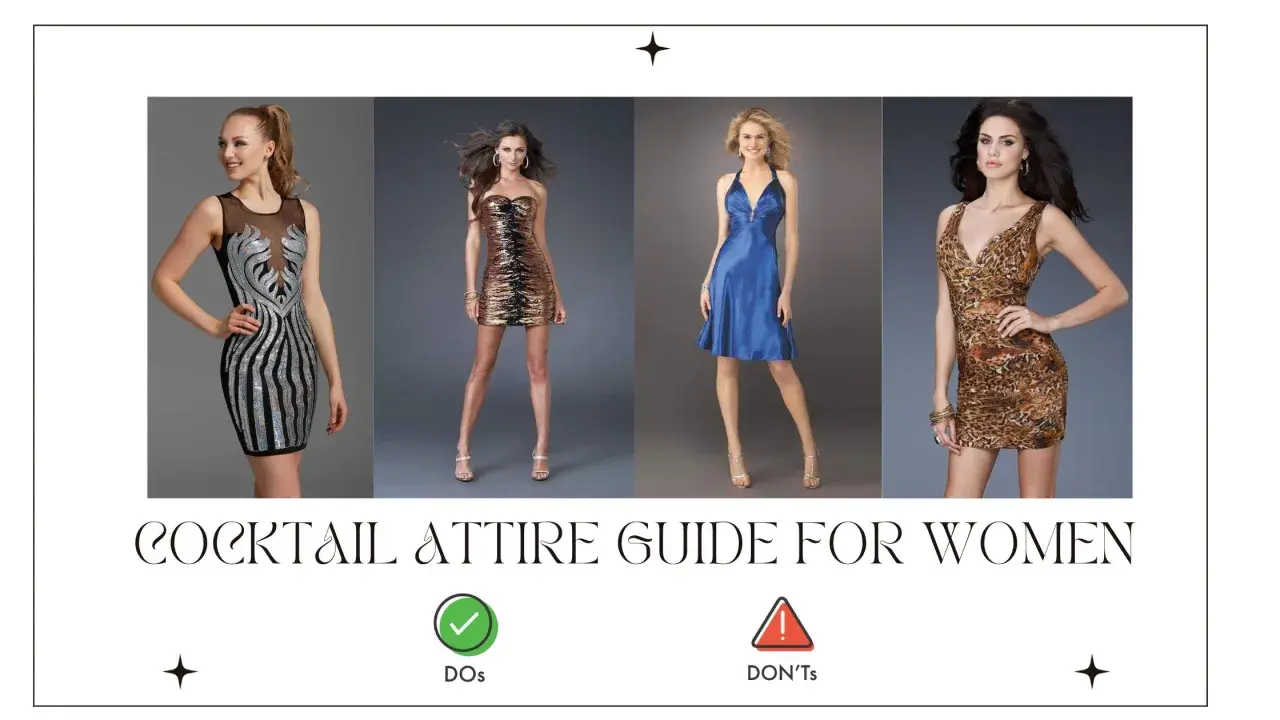 Four women showcase formal cocktail attire: sequined black, tiger-print strapless, blue satin halter, and leopard-print sheath dresses.
