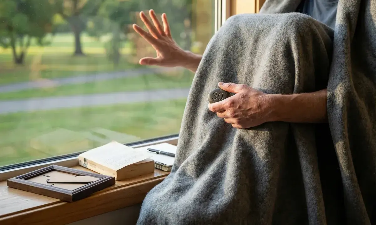 Osoba owinięta kocem trzyma kamień z cyfrą 30, zastanawiając się, ile trwa terapia uzależnień.