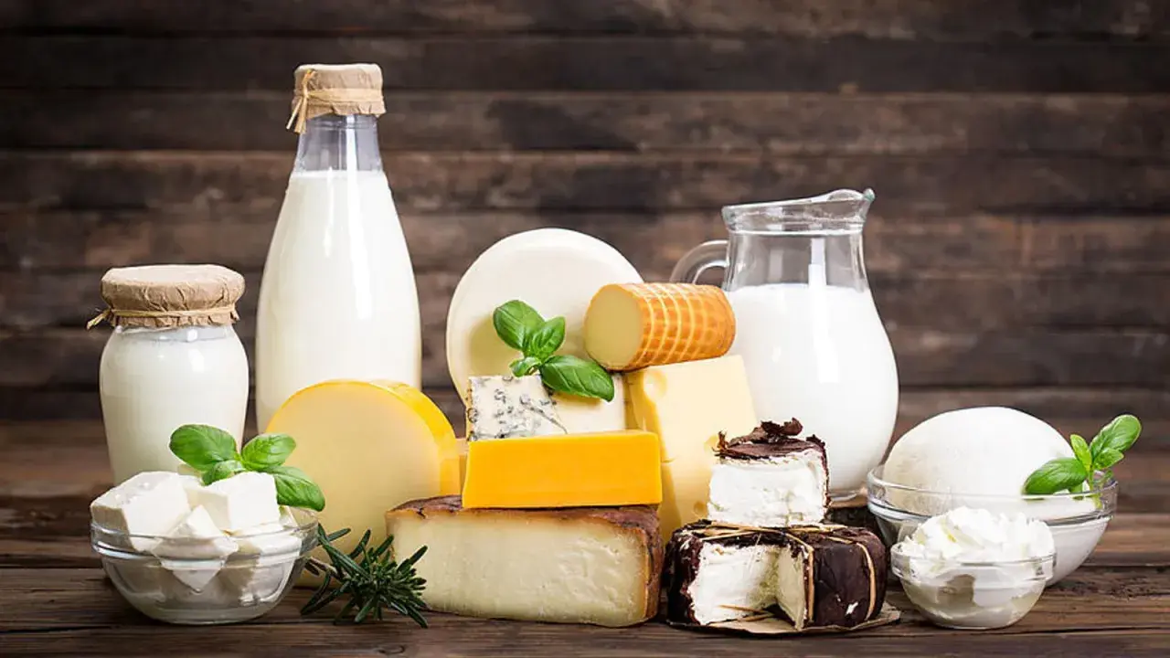 Milchprodukte wie Käse und Milch, die Laktose enthalten, sind auf einem Holztisch arrangiert.