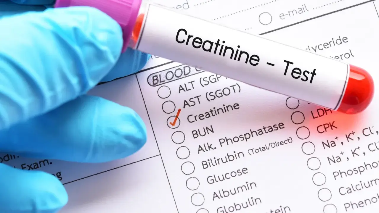 Rękawiczka w niebieskiej rękawiczce trzyma probówkę z napisem "Creatinine - Test". Obok zaznaczono "Creatinine" na formularzu badań.