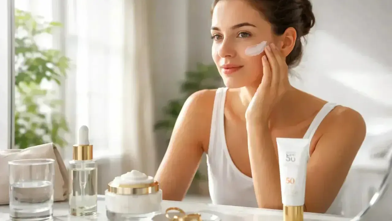 Une femme applique une crème solaire SPF 50. La question est : crème solaire avant ou après crème de jour ?