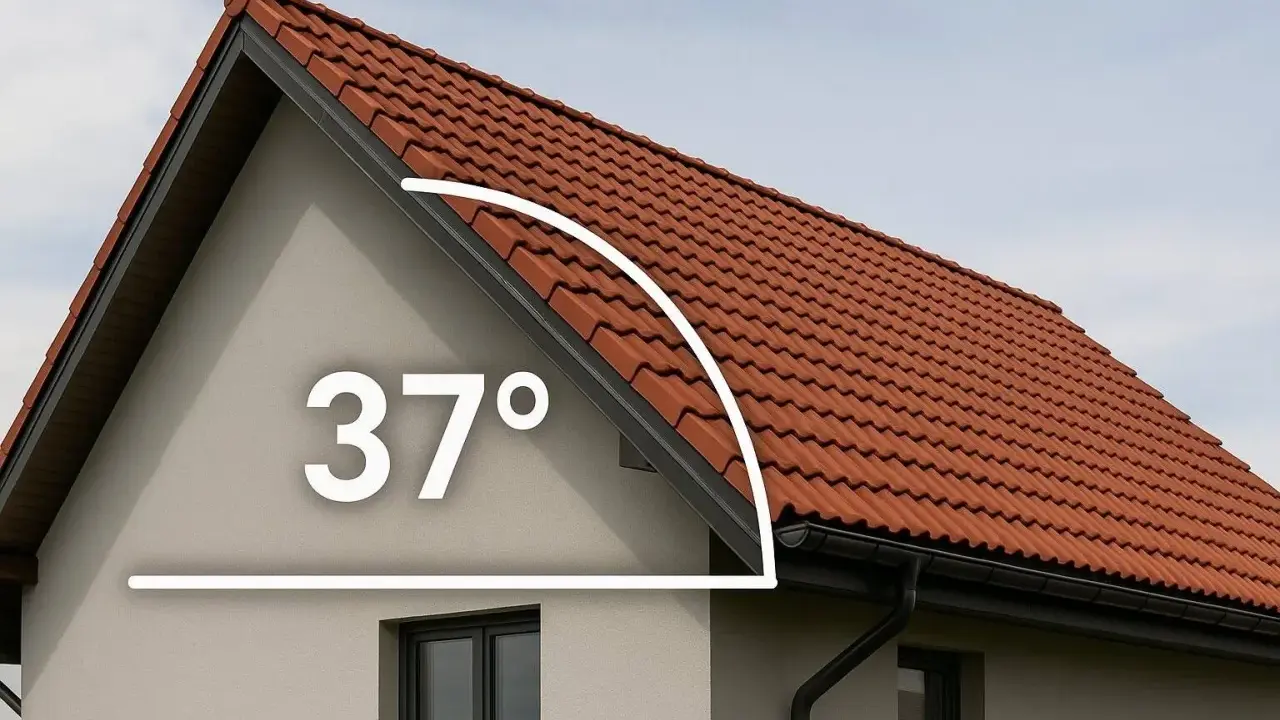 Jak obliczyć spadek dachu? Na zdjęciu widać dachówkę ceramiczną i oznaczenie 37 stopni, co pomaga w określeniu nachylenia.