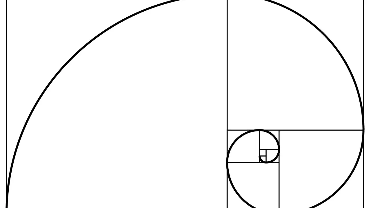 En illustration av gyllene snittet konst, med en spiral som växer i storlek genom kvadrater.