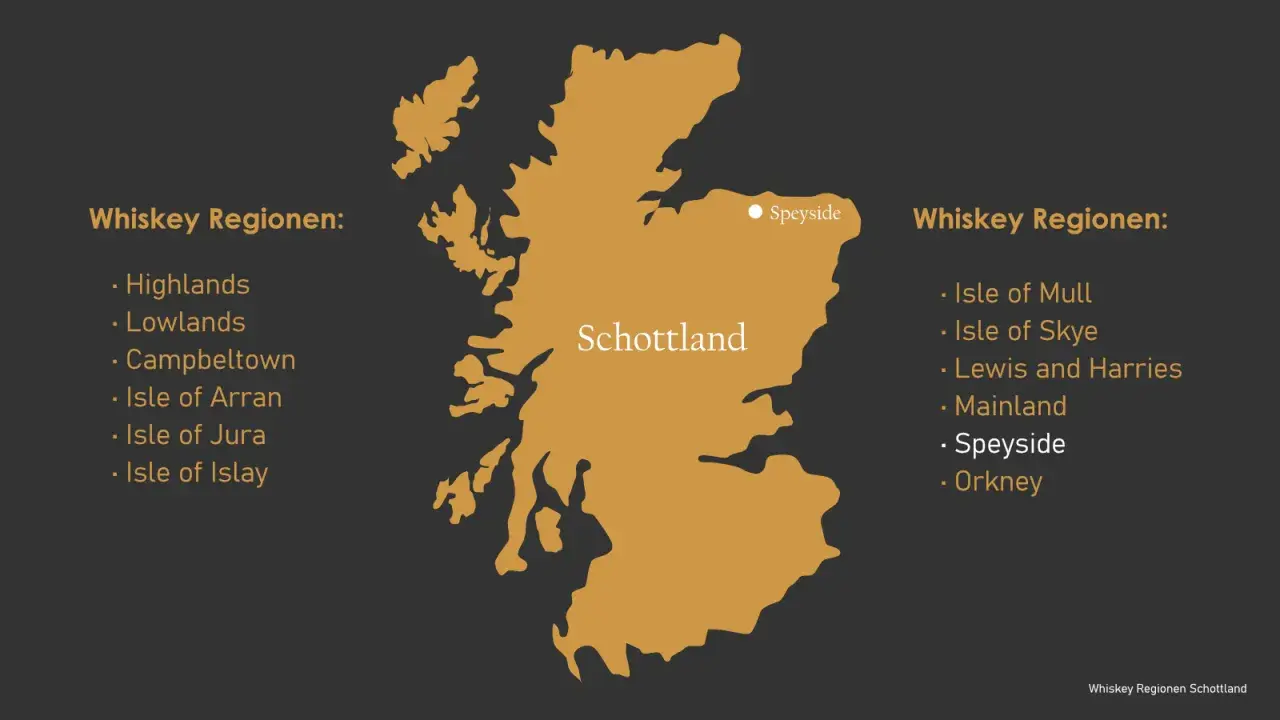 Karte Schottlands mit markierten Whiskey Regionen. Speyside ist hervorgehoben.