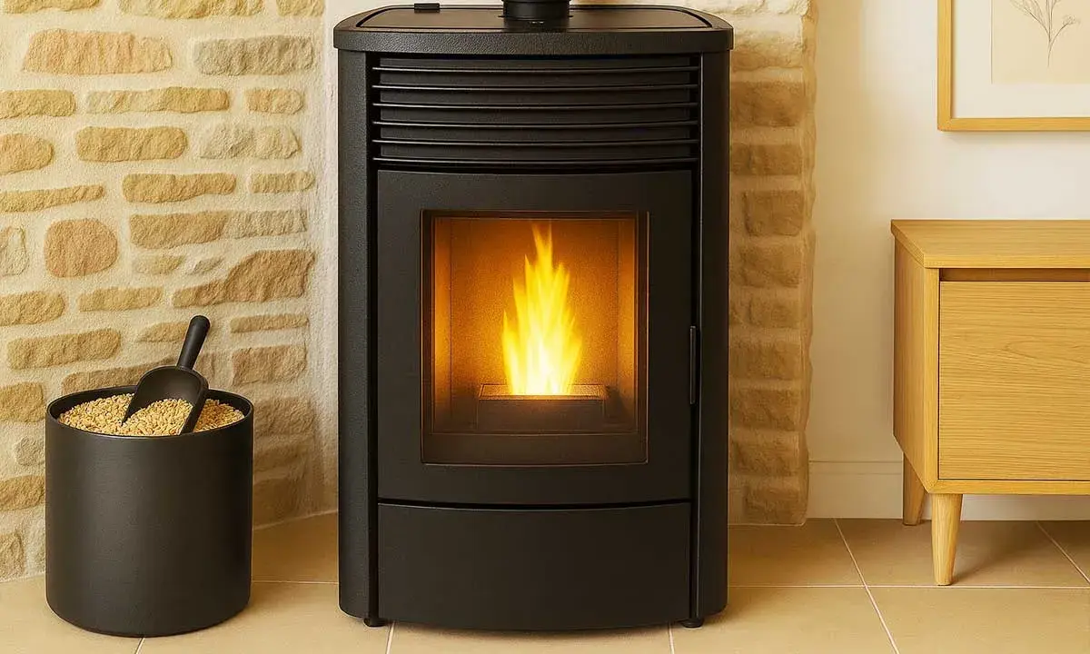Poêle à granulés sans ventilation, flammes vives dans la vitre, à côté d'un seau de granulés et d'un meuble en bois.