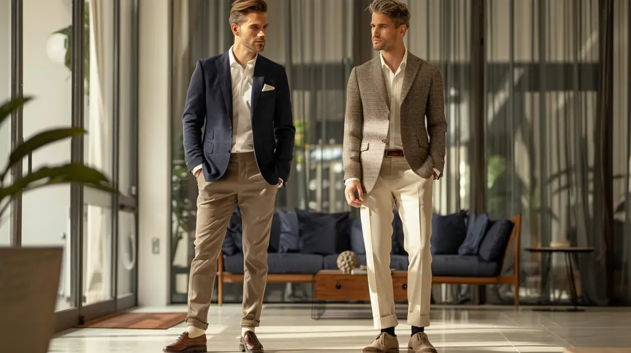 Two men showcase stylish sport coat color combinations. One wears a navy blazer with tan pants, the other a brown patterned blazer with cream trousers.