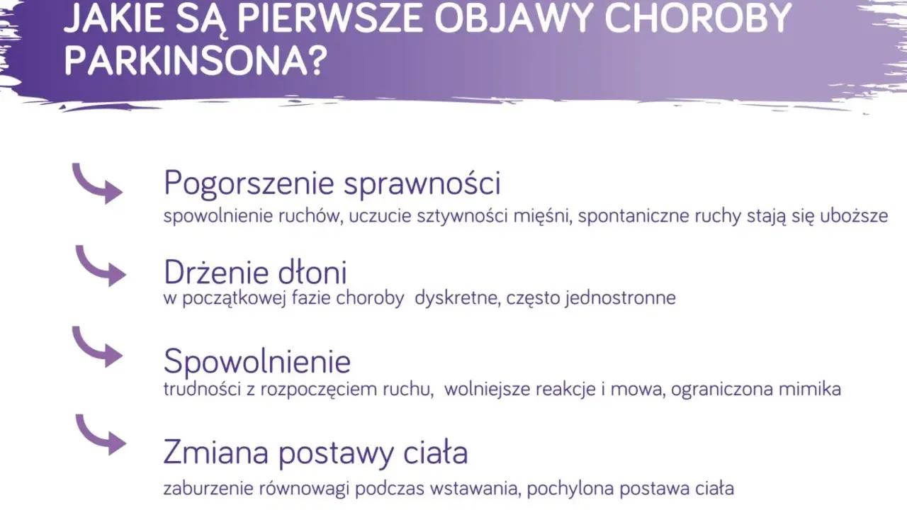 Pierwsze objawy choroby Parkinsona: pogorszenie sprawności, drżenie dłoni, spowolnienie ruchów i zmiana postawy ciała.