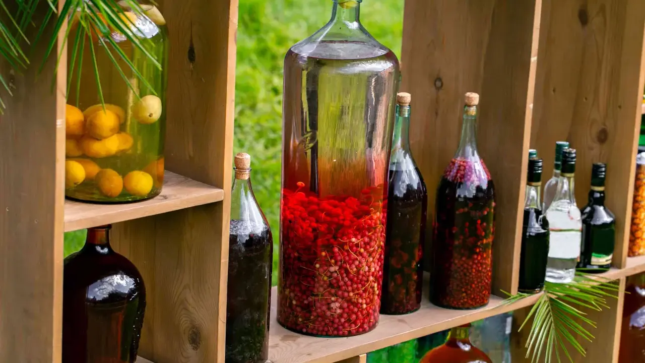 Drewniana półka z butelkami pełnymi nalewek: cytrynowej, z czerwonych porzeczek i innych owoców. Oto jak przechowywać nalewki, by zachowały smak i aromat.