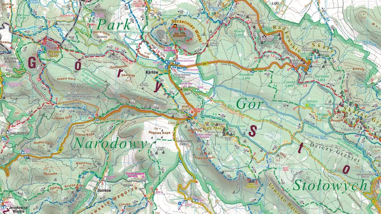 Mapa turystyczna Gór Stołowych z zaznaczonymi szlakami, punktami widokowymi i miejscowościami.