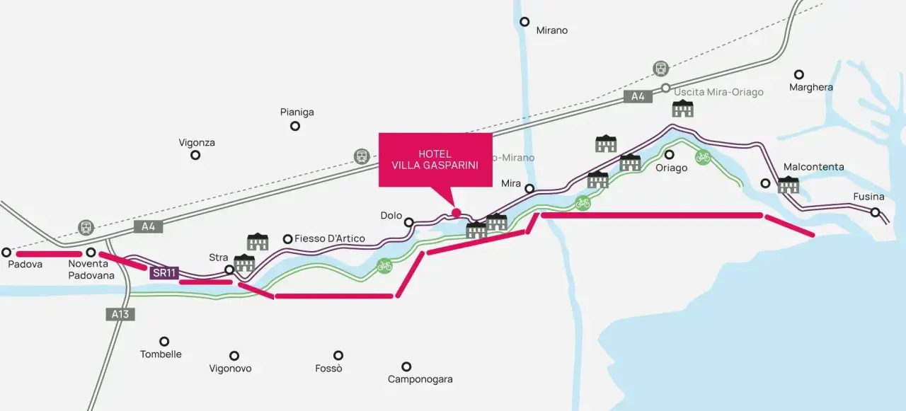 Mappa della ciclovia del Brenta, con hotel Villa Gasparini, da Padova a Fusina, passando per Stra, Mira e Oriago.