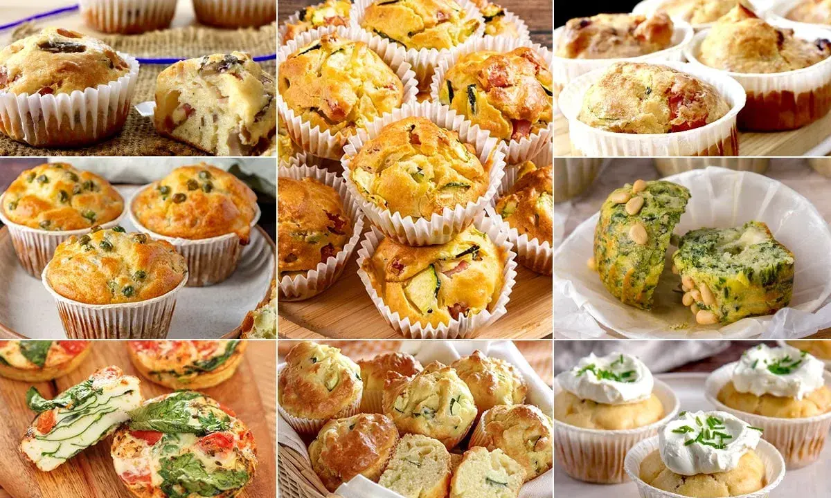 Muffin salati morbidissimi con piselli, zucchine, pomodoro e spinaci. Alcuni con formaggio e pinoli, altri con panna e erba cipollina.