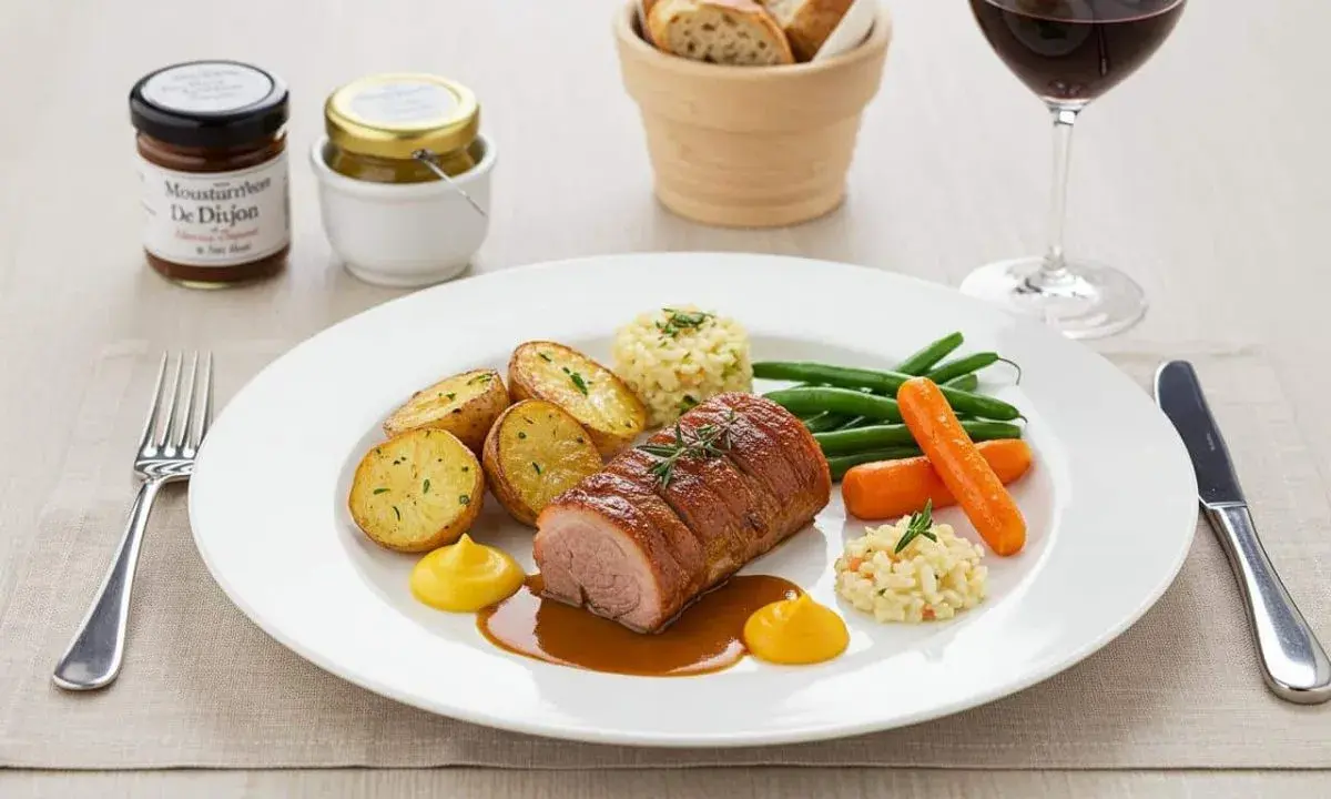 Un rôti de porc savoureux, accompagné de pommes de terre rôties, haricots verts, carottes et risotto. Une touche de moutarde à l'ancienne et de Dijon pour un accompagnement palette à la diable parfait.