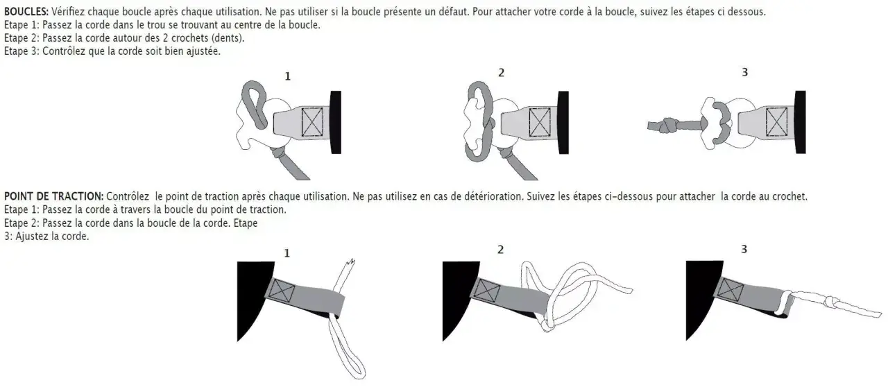 Illustrations montrant comment attacher une corde à un palonnier bateau, étape par étape.