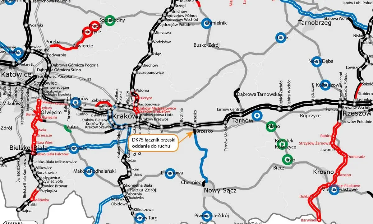 Trasa kolejowa w okolicach Nowego Sącza, z zaznaczonymi odcinkami istniejącymi i w realizacji.
