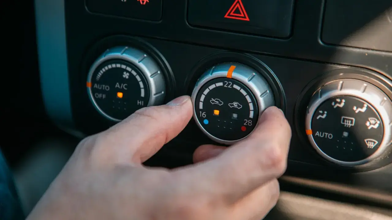 Dłoń kręci pokrętłem klimatyzacji, próbując zdiagnozować objawy zepsutego termostatu.