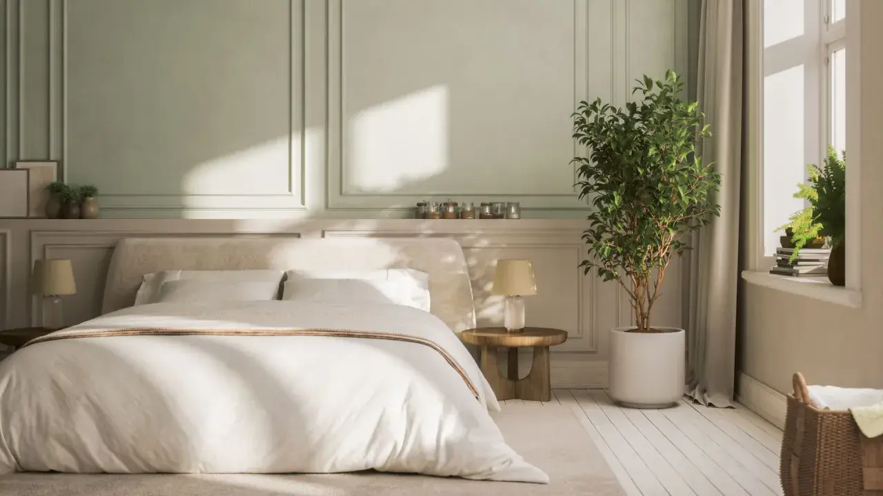 Chambre paisible avec lit douillet, murs aux moulures élégantes et une plante verte. Idée de deco peinture chambre pour une ambiance sereine.