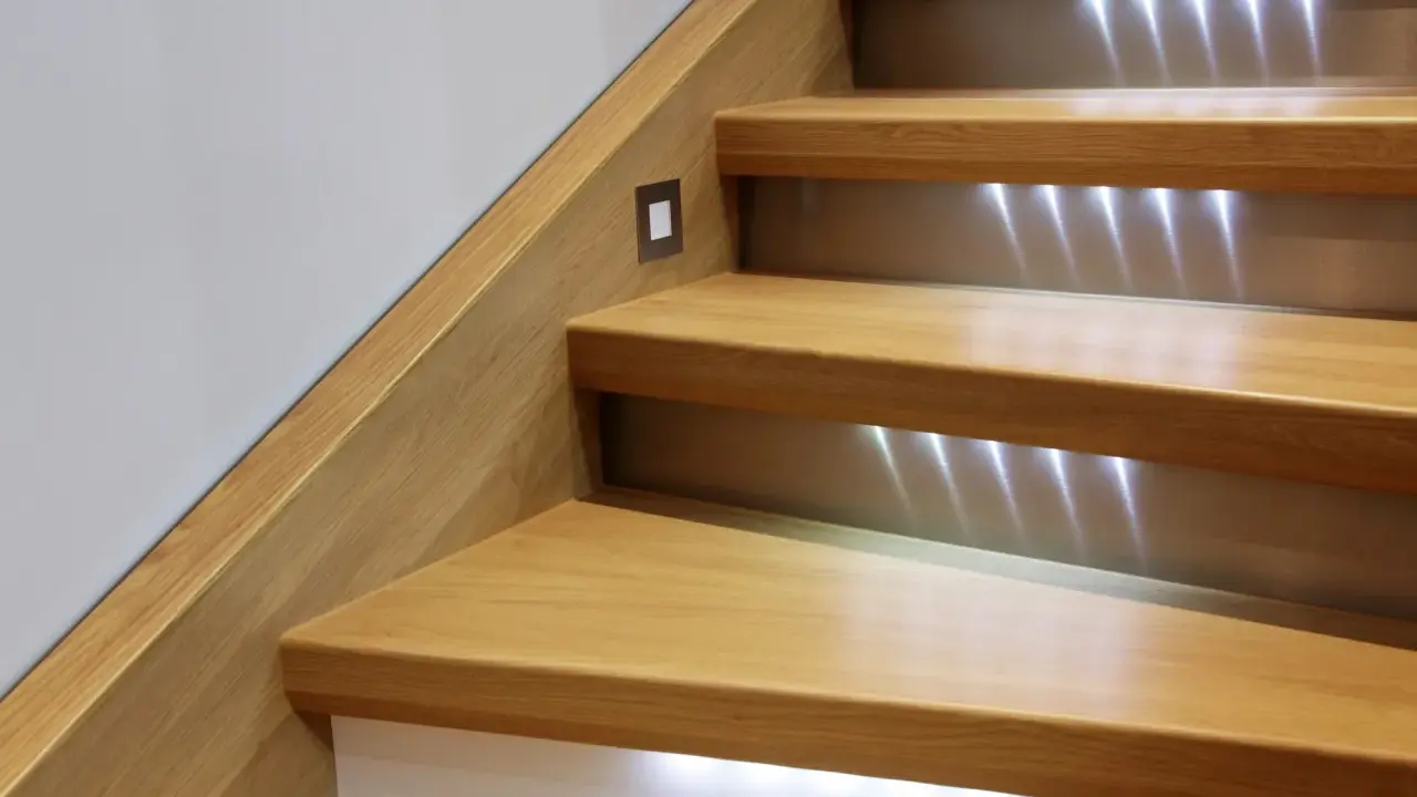 Escalier en bois rénové avec éclairage LED discret. Un design moderne pour un escalier chaleureux.