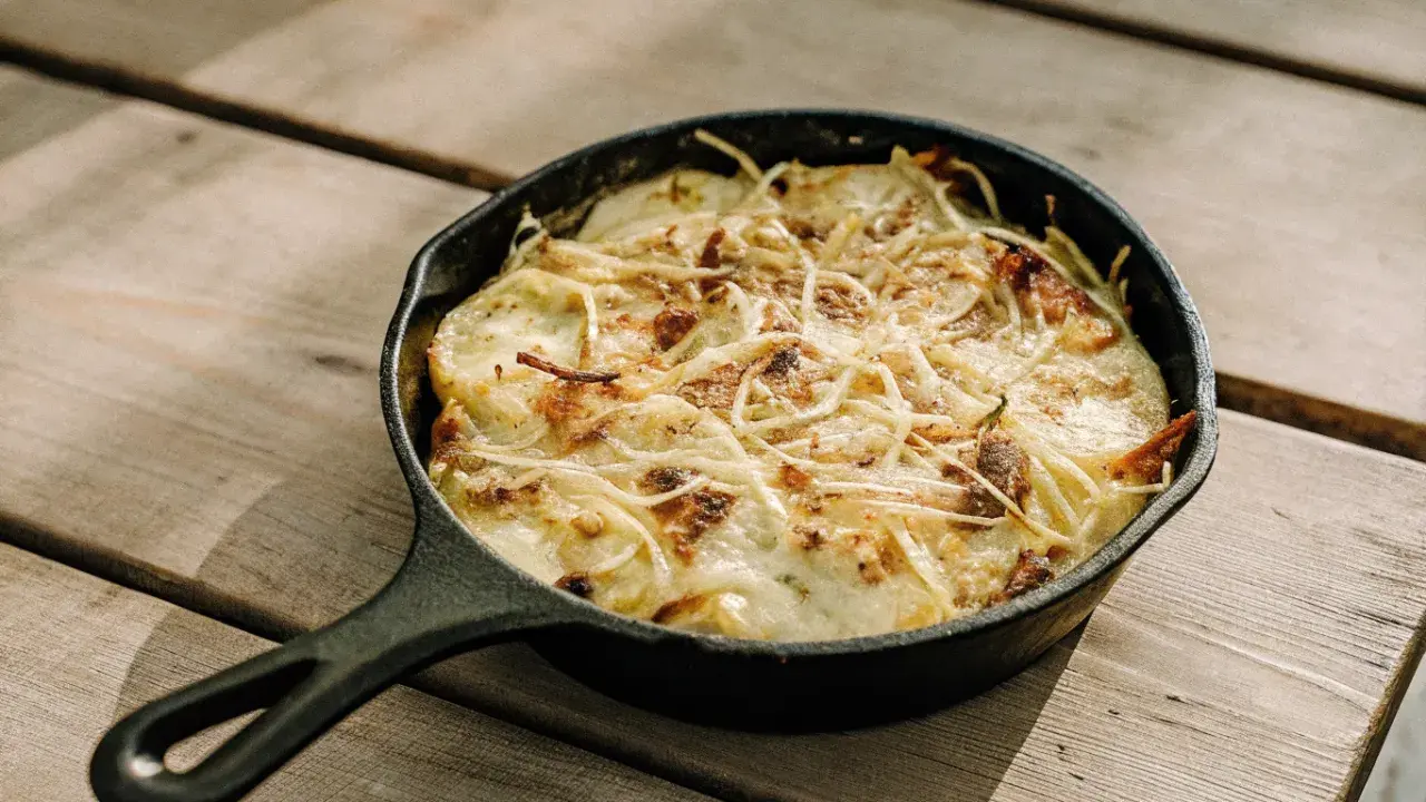Gratin dauphinois, une spécialité Auvergne, doré et gratiné dans sa poêle en fonte sur une table en bois.