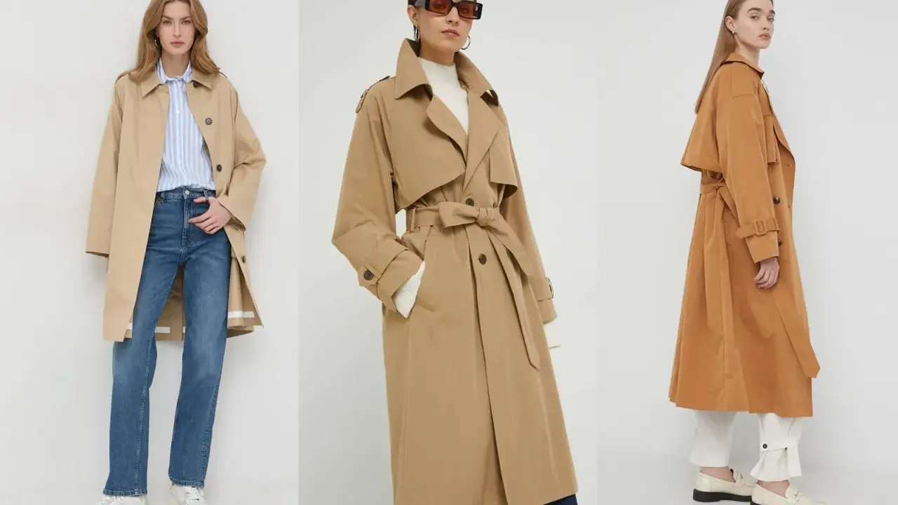 Trzy kobiety prezentują różne modele trenczy – klasyczny beżowy, elegancki camelowy i brązowy.