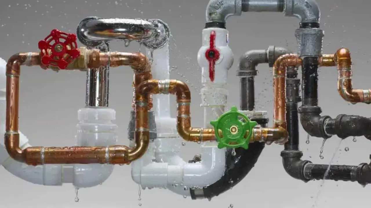 Complejo sistema de varios tipos de tuberías para agua: cobre, PVC, metal y negro, con válvulas rojas y verdes, goteando agua.