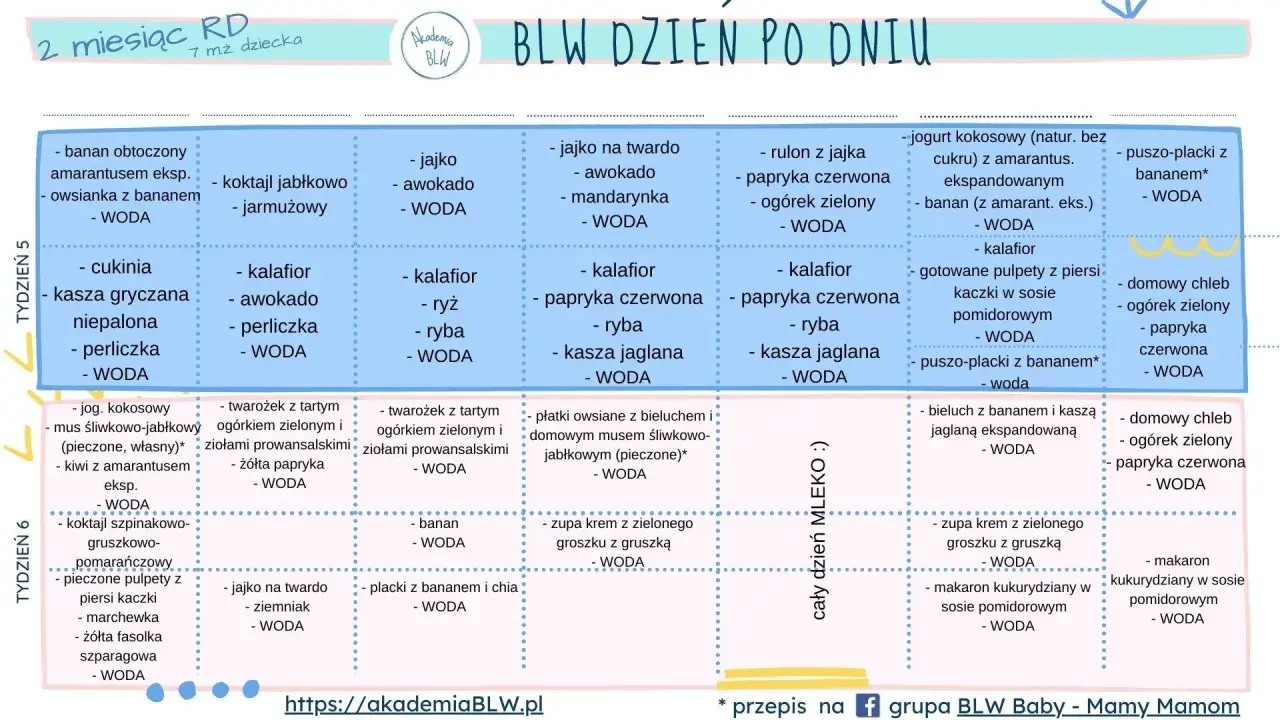 Tabela z propozycjami posiłków na rozszerzanie diety niemowlaka. Tydzień 5 i 6, różne opcje śniadań, obiadów i kolacji.