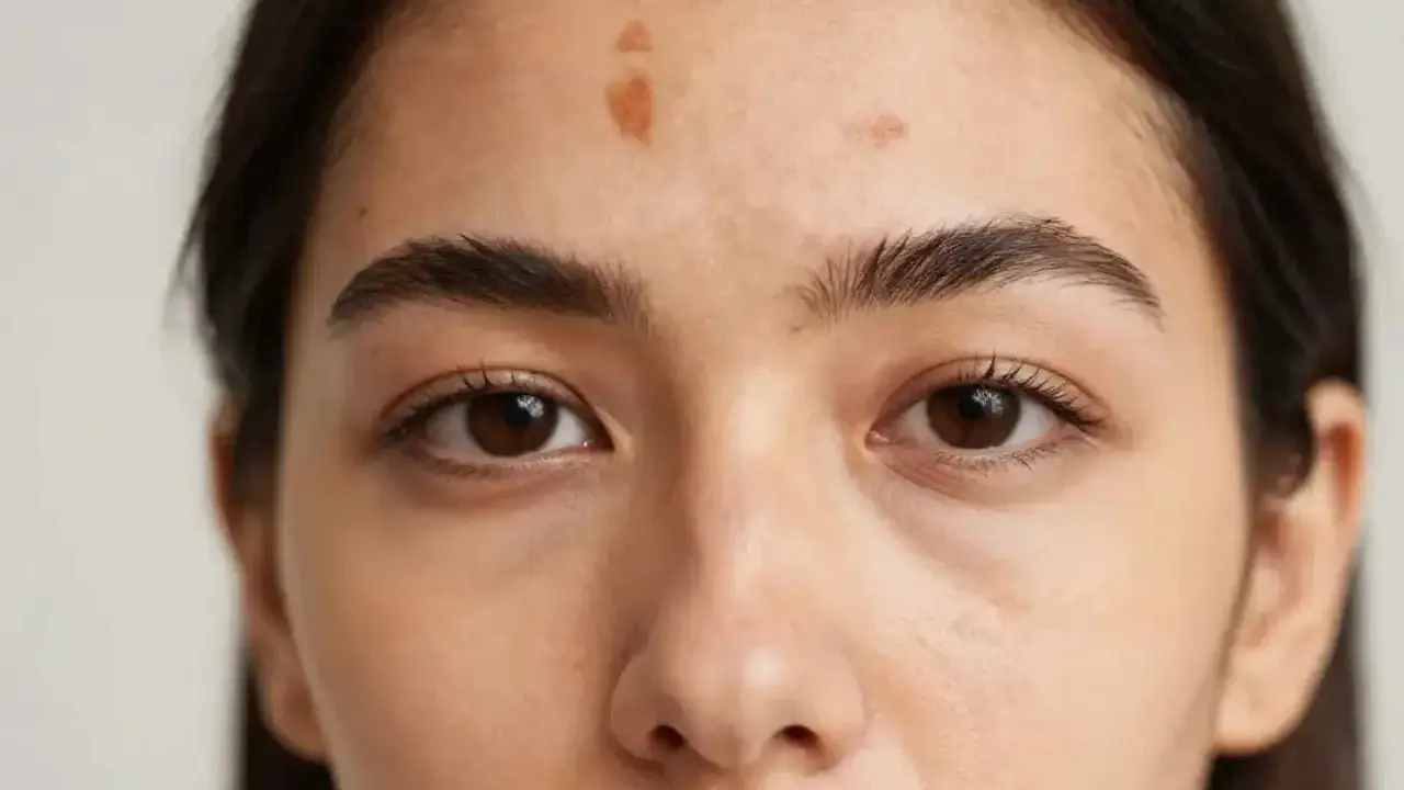 Gros plan sur le front d'une jeune femme, montrant plusieurs taches de soleil, des marques laissées par le soleil.